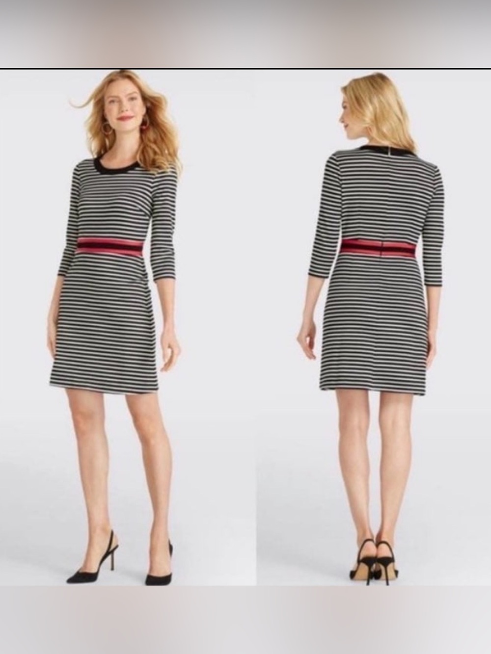 Draper James Black & White Striped Knit Dress with Red Waistband